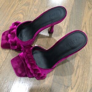 Purple kitten heel mule sandals